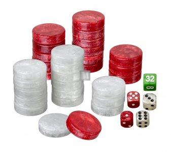 Backgammon pieces, large, 34 x 10 mm, plastic, red / white, incl. dice