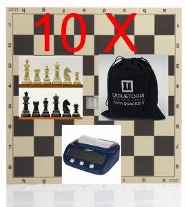 Offerta 10 Scacchi da torneo + 10 Scacchiere da torneo + 10 sacchetti cotone + 10 orologi digitali per scacchi