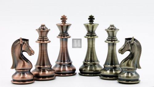 High-quality silver- bronze metal chess pieces; king height: 4.5''